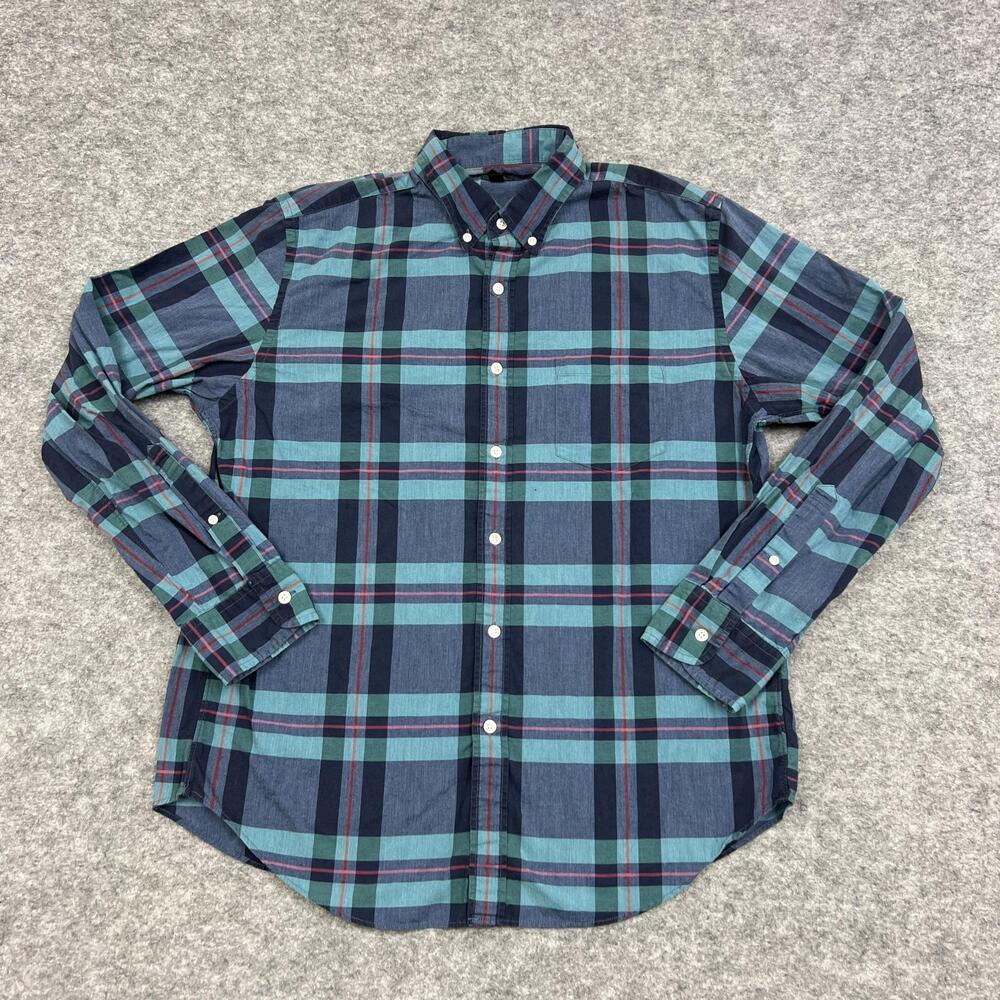 J CREW Shirt Mens Large Blue Plaid Cotton Button Up Classic Casual Preppy
